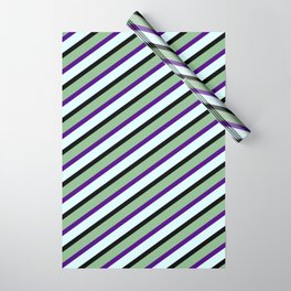 [ Thumbnail: Dark Sea Green, Indigo, Light Cyan, and Black Colored Striped Pattern Wrapping Paper ]