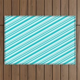 [ Thumbnail: Dark Turquoise & Light Cyan Colored Pattern of Stripes Outdoor Rug ]