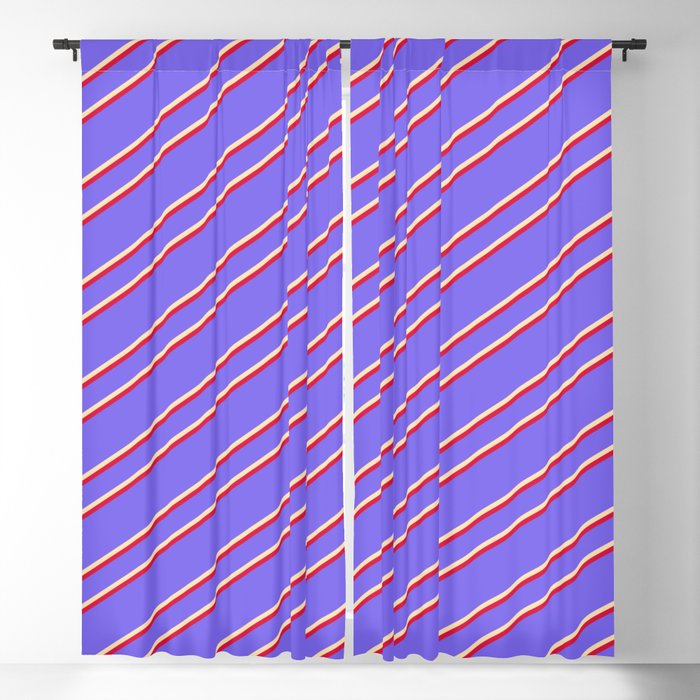 Medium Slate Blue, Beige, and Crimson Colored Stripes Pattern Blackout Curtain