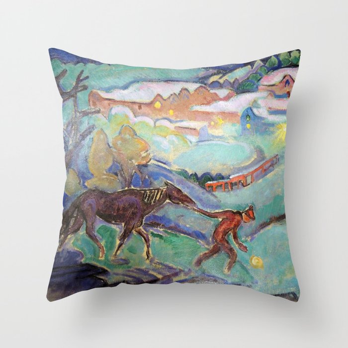 Man with a Horse, Nighttime landscape painting by William Sommer Throw Pillow