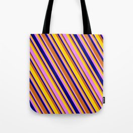 [ Thumbnail: Chocolate, Yellow, Violet, and Blue Colored Lined/Striped Pattern Tote Bag ]