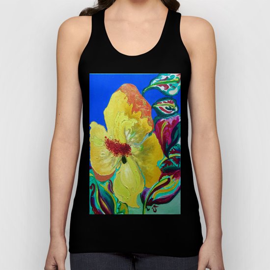 Birthday Acrylic Yellow Orange Hibiscus Flower Painting with Red and Green Leaves Unisex Tank Top