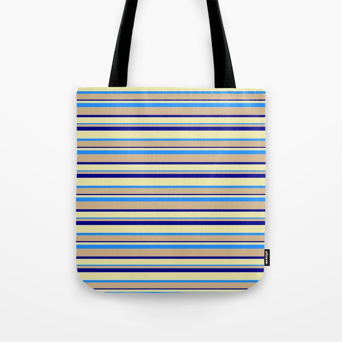 Tan, Dark Blue, Pale Goldenrod & Blue Colored Lined Pattern Tote Bag