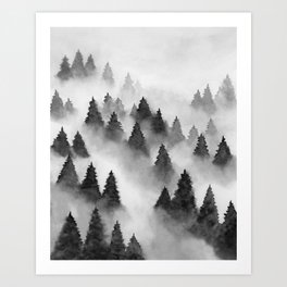 Foggy Forest - Black and White Wall Art, Misty Mountain Watercolor Painting, Trees Nature Art Art Print