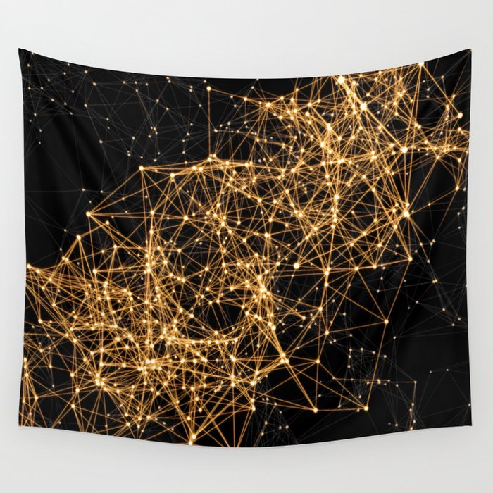 Shiny golden dots connected lines on black Wall Tapestry