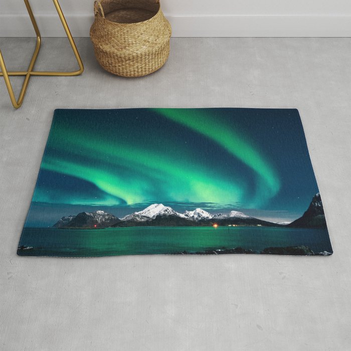 Norway Photography - Green Northern Lights Over Snowy Mountains Rug
