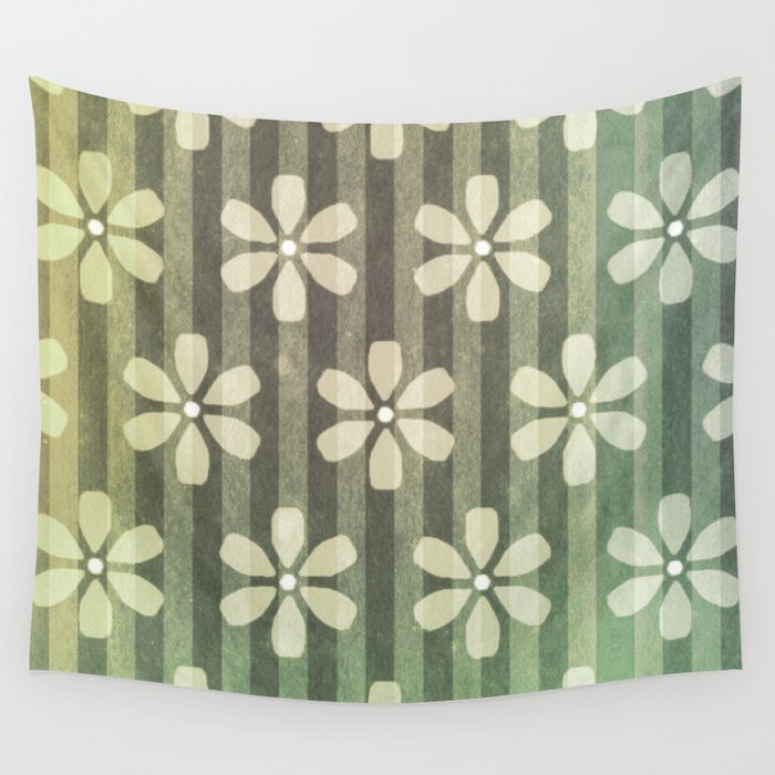 Abstract Daisies Lime Green On Forest Kelly Green Stripes Wall Tapestry