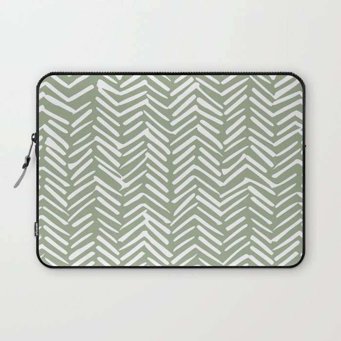 Boho, Abstract, Herringbone Pattern, Sage Green and White Laptop Sleeve