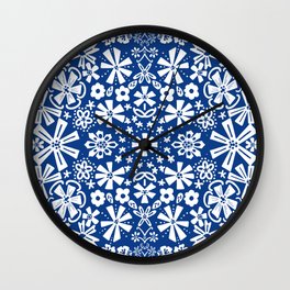 Navy Blue Folk Art Flowers Retro Modern Pattern Wall Clock