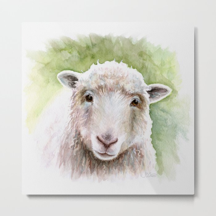 White Happy Sheep Watercolor Painting Metal Print