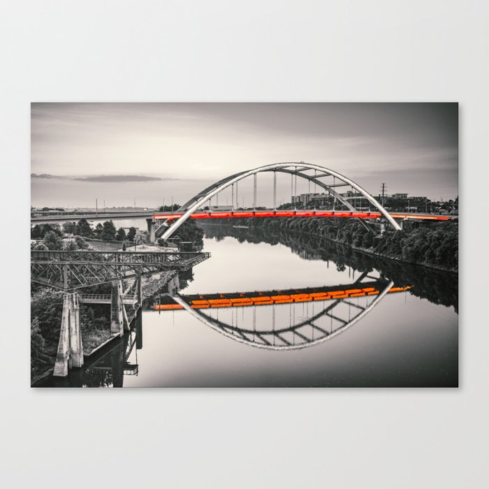 Nashville Veterans Memorial Bridges Reflecting On The Cumberland River - Selective Color Canvas Print
