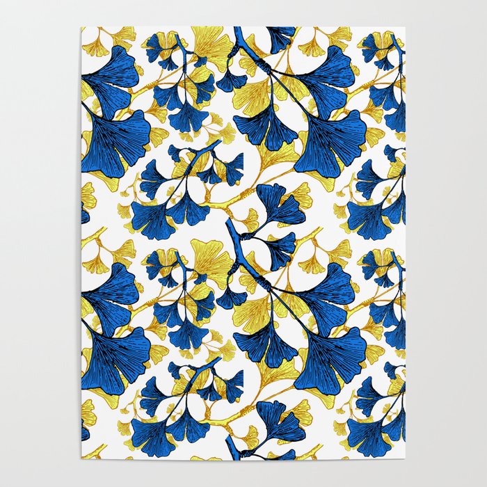 Ginko Biloba - A Blue and Yellow Nature Inspired Print Poster