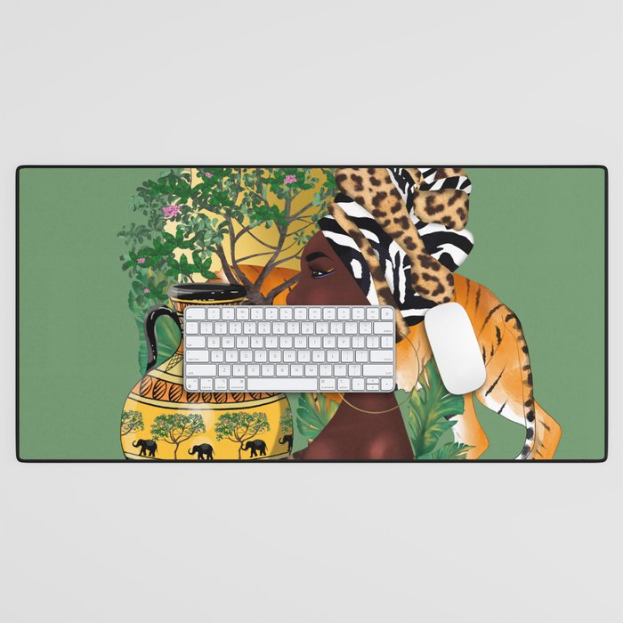 African woman,tiger,dark green background . Desk Mat
