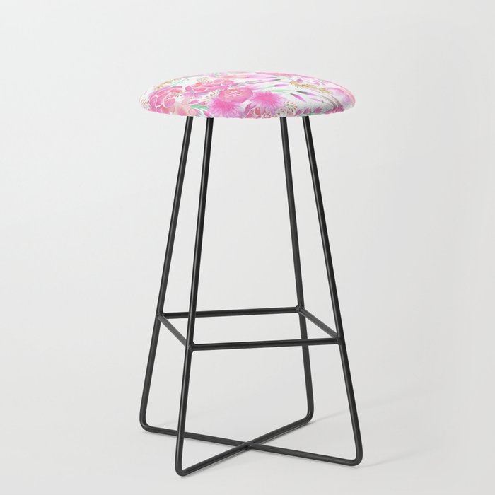 Girly pink teal gold white watercolor floral Bar Stool