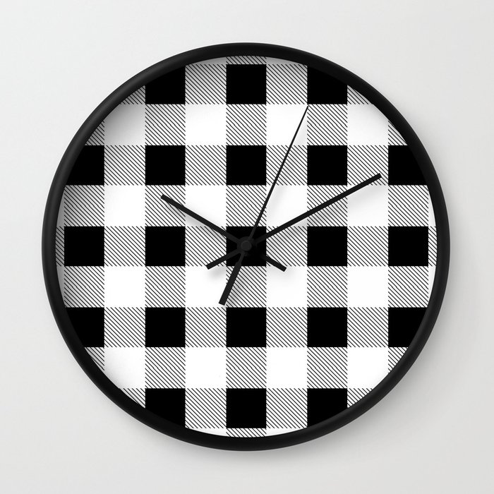 western country french farmhouse black and white plaid tartan gingham print Wall Clock
