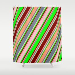 [ Thumbnail: Eye-catching Slate Gray, Pink, Lime, Maroon & Light Salmon Colored Striped Pattern Shower Curtain ]
