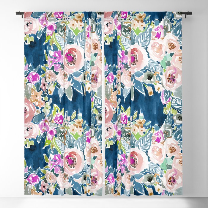 NAVY SO LUSCIOUS Colorful Watercolor Floral Blackout Curtain