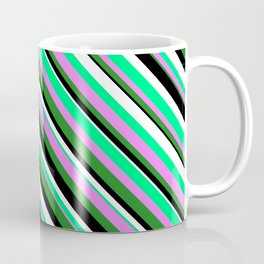 [ Thumbnail: Green, Violet, Forest Green, Black, and White Colored Stripes Pattern Coffee Mug ]