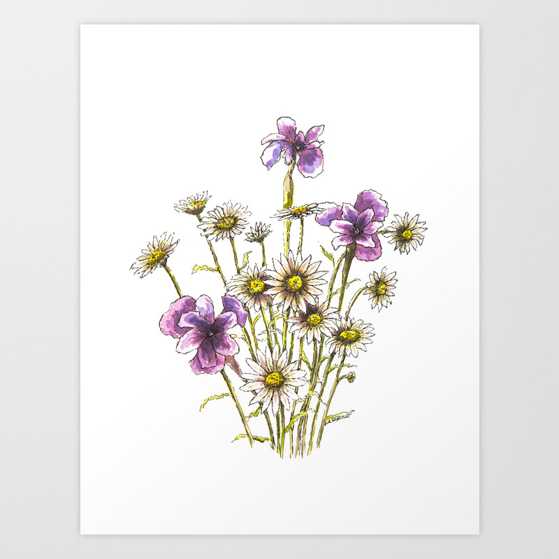 Iris And Daisy Flowers Art Print By Ruthsartwork Society6