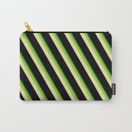 [ Thumbnail: Green, Pale Goldenrod, Black, and Forest Green Colored Pattern of Stripes Carry-All Pouch ]