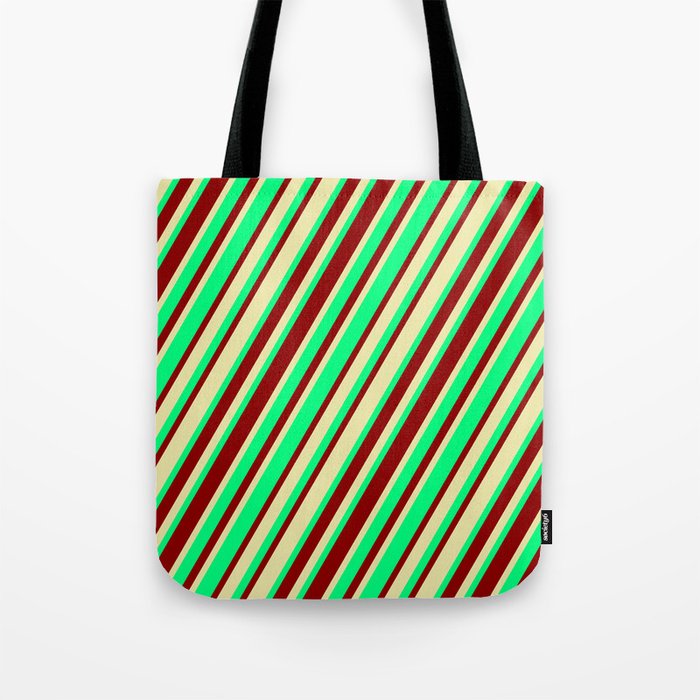 Green, Dark Red & Pale Goldenrod Colored Stripes Pattern Tote Bag