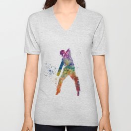 Watercolor cricket player V Neck T Shirt