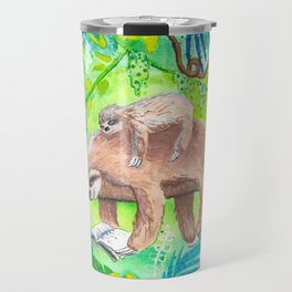The Snuggle is Real  Travel Mug | Green, Reading, Bright, Baby, Sloths, Jungle, Children, Nature, Whimsical, Painting 