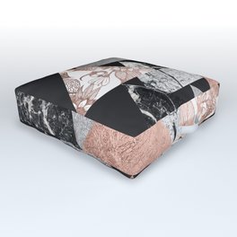Marble Rose Gold Silver and Floral Geo Triangles Outdoor Floor Cushion
