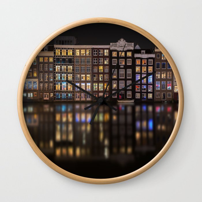 Amsterdam houses with lights reflection at night Wall Clock