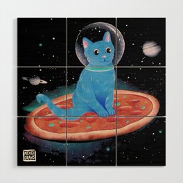 Cat Ride A Pizza Ship on Space Wood Wall Art