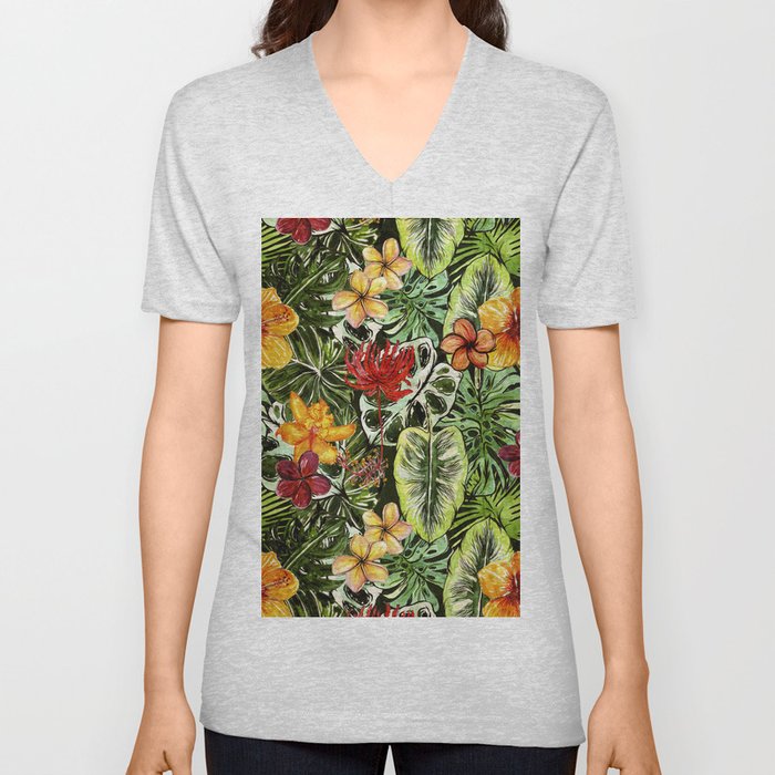 Tropical Vintage Exotic Jungle Flower Flowers - Floral watercolor pattern V Neck T Shirt