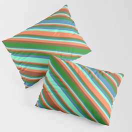 [ Thumbnail: Aquamarine, Coral, Sienna, Forest Green, and Blue Colored Lined/Striped Pattern Pillow Sham ]
