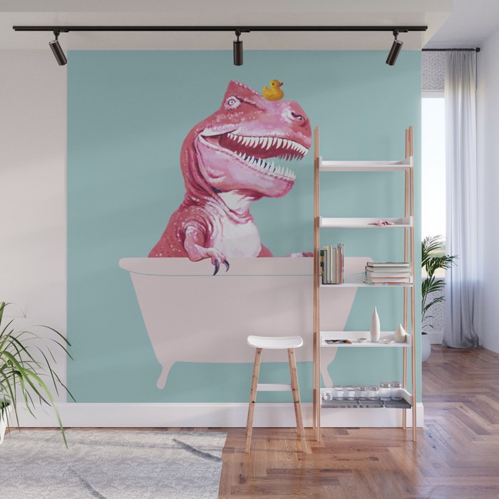 Pink T-Rex in Bathtub Wall Mural