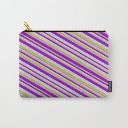 [ Thumbnail: Light Grey, Dark Khaki, and Dark Violet Colored Striped/Lined Pattern Carry-All Pouch ]