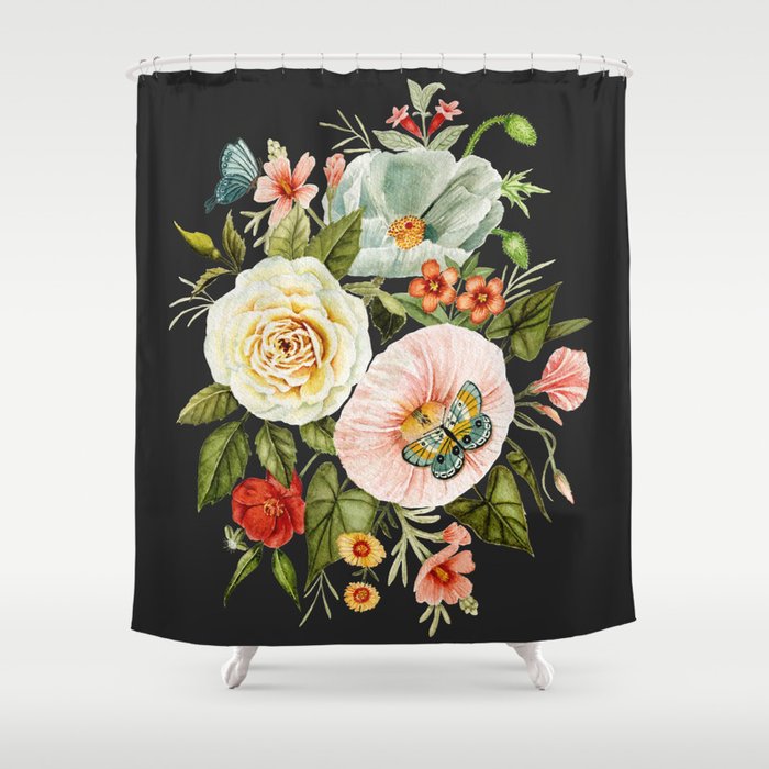 Wildflower and Butterflies Bouquet on Charcoal Black Shower Curtain