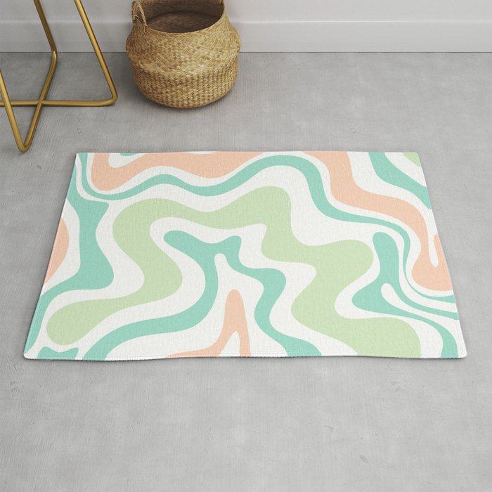 Retro Liquid Candy Swirl Abstract Pattern in Pastel Mint Teal and Salmon Blush on White Rug