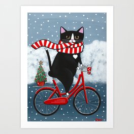 Winter Tuxedo Cat Bicycle Ride Art Print