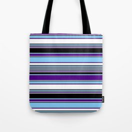 [ Thumbnail: Light Sky Blue, Slate Gray, Indigo, White, and Black Colored Lines/Stripes Pattern Tote Bag ]
