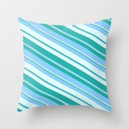 [ Thumbnail: Light Cyan, Light Sea Green & Light Sky Blue Colored Lines/Stripes Pattern Throw Pillow ]