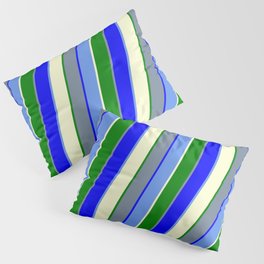 [ Thumbnail: Light Slate Gray, Blue, Cornflower Blue, Light Yellow, and Green Colored Lined/Striped Pattern Pillow Sham ]