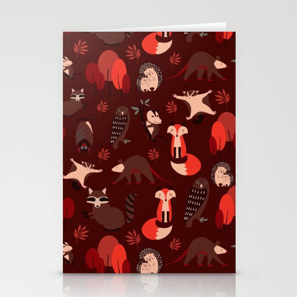 Woodland Nocturnal Animals Red Stationery Cards