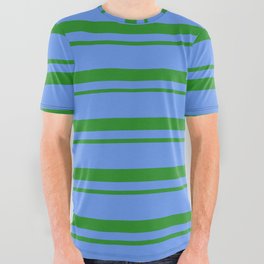[ Thumbnail: Forest Green & Cornflower Blue Colored Lined Pattern All Over Graphic Tee ]