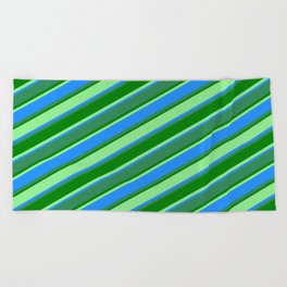 [ Thumbnail: Light Green, Blue, Sea Green, and Green Colored Stripes Pattern Beach Towel ]