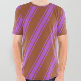 [ Thumbnail: Sienna and Orchid Colored Pattern of Stripes All Over Graphic Tee ]