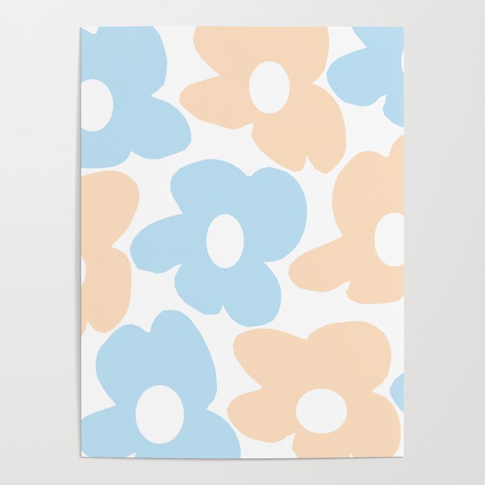 Large Baby Blue And Baby Peach Retro Flowers White Background #decor #society6 #buyart Poster