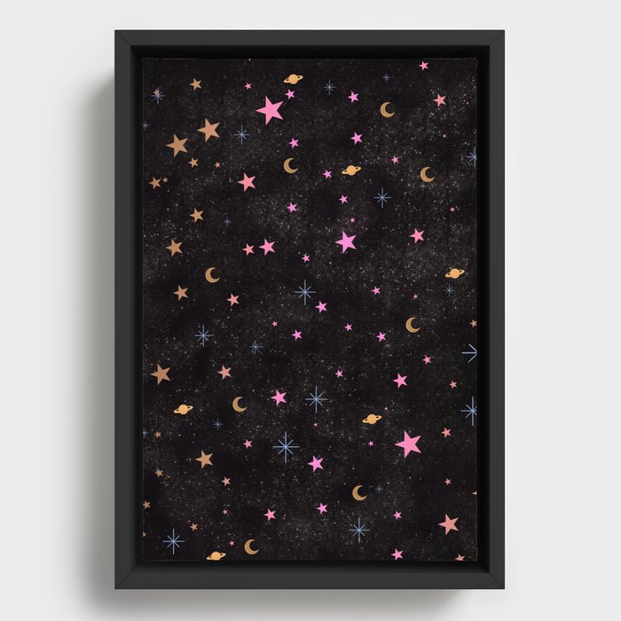 Spaces pattern with colourful stars moons and planets  Framed Canvas