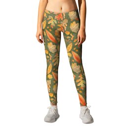 Give Thanks Green Autumn Watercolor Leaves Leggings