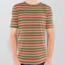 [ Thumbnail: Salmon and Dark Olive Green Colored Striped Pattern All Over Graphic Tee ]