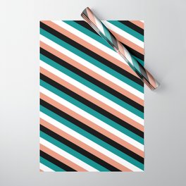 [ Thumbnail: Dark Salmon, Black, Dark Cyan, and White Colored Lines/Stripes Pattern Wrapping Paper ]