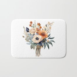 Floral Botanical Bouquet of Flowers in shades of Terracotta Beige White and Blue with Greenery Bath Mat